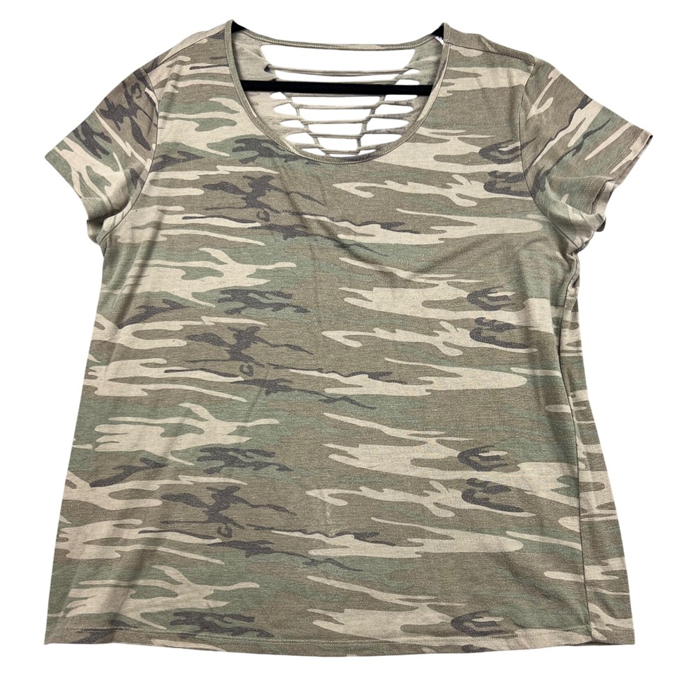 Hybrid Camo T-Shirt Womens 3X Green Camouflage Strappy Back Short Sleeve Good